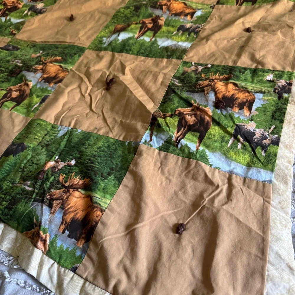 Handmade Vintage Moose Patchwork Quilt Blanket Brown Green Rustic Cabin Lodge